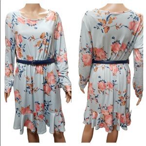 KorMei Long Sleeve Floral Peplum Hem Dress LARGE